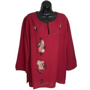 Vtg California Drawstrings Top Womens XXL Boho Lagenlook Boxy Artsy Red Cotton